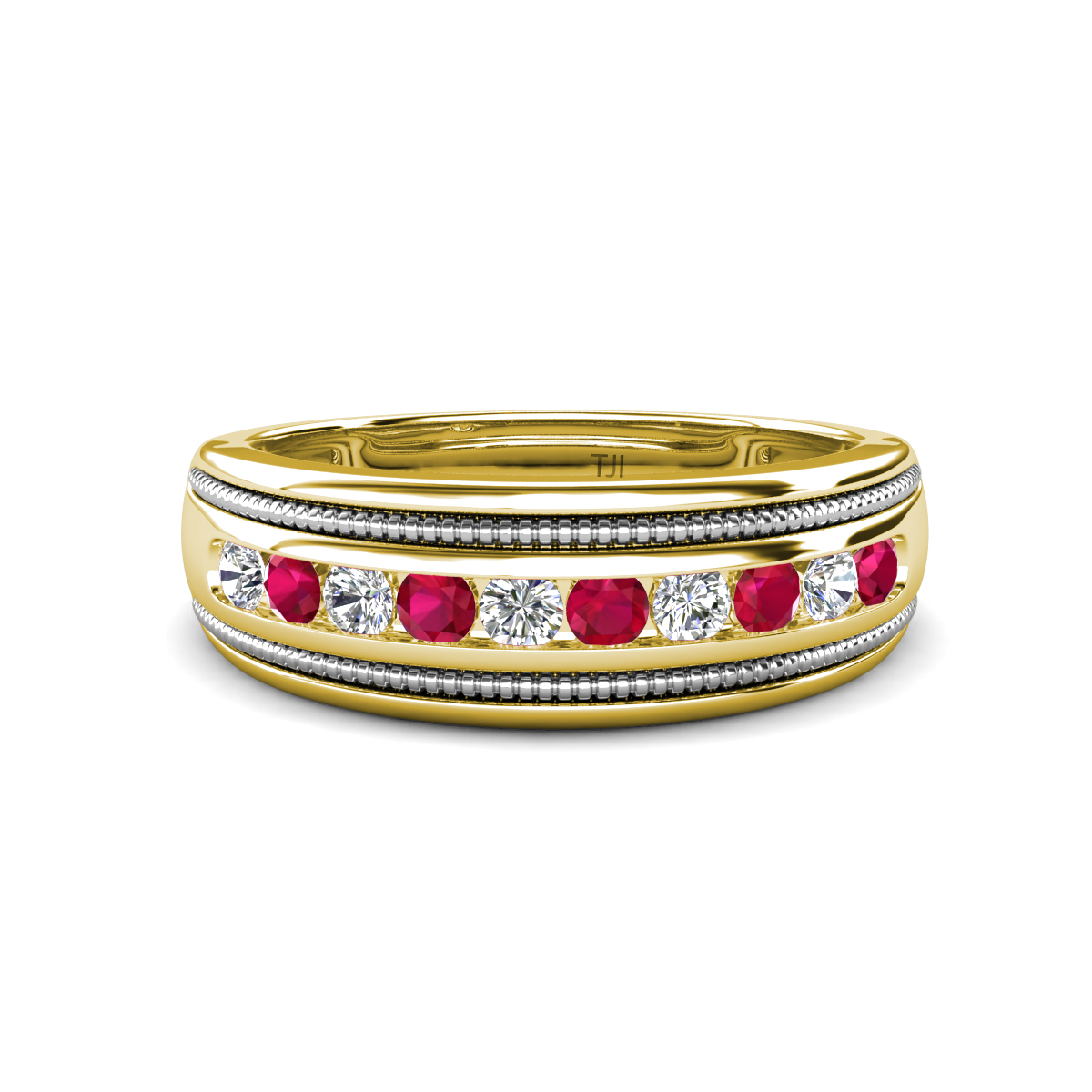 Zaid 0.55 ctw Round Natural Diamond and Ruby Two Toned and High Polished Edges Men Wedding Band (8 mm) 